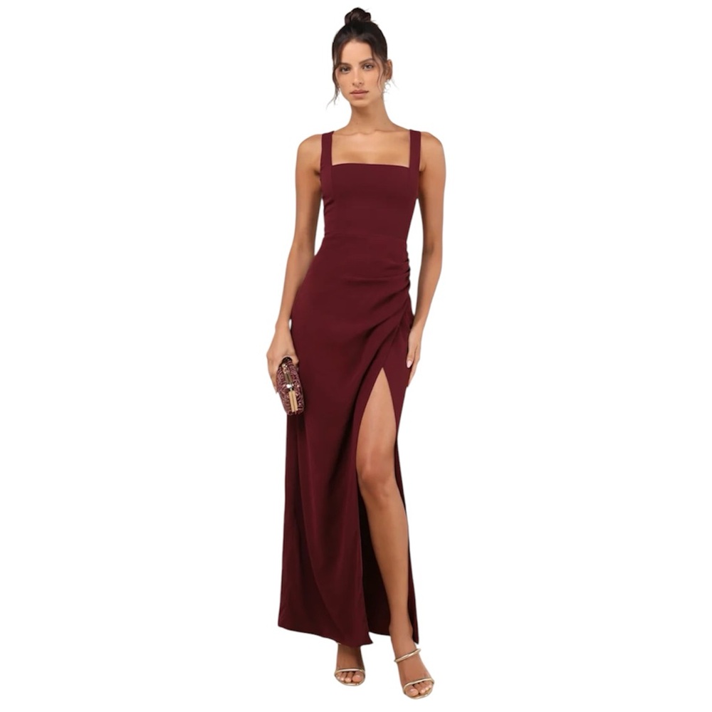 Lulus Glamorous Disposition Burgundy Ruched Maxi Dress- Small